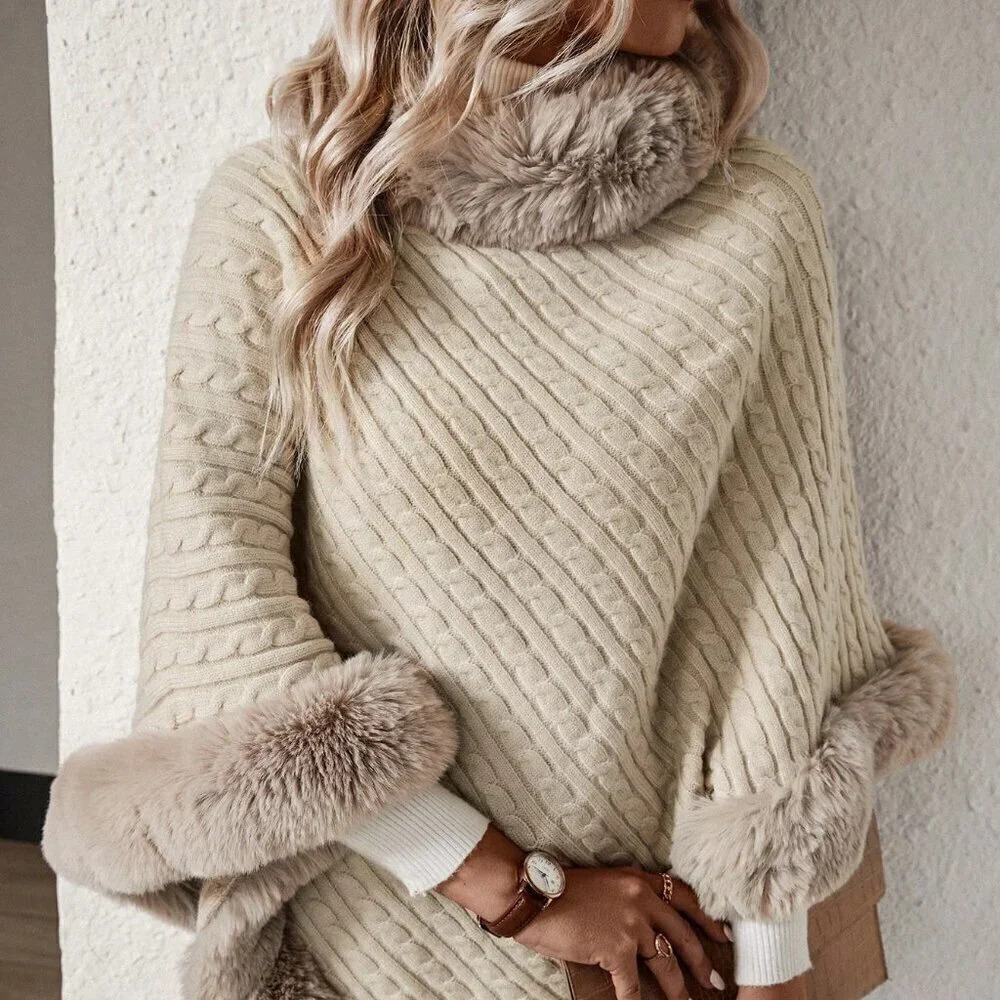 Apricot Casual Women's Turtleneck Fuzzy Trim Batwing Sleeve Poncho Sweater
